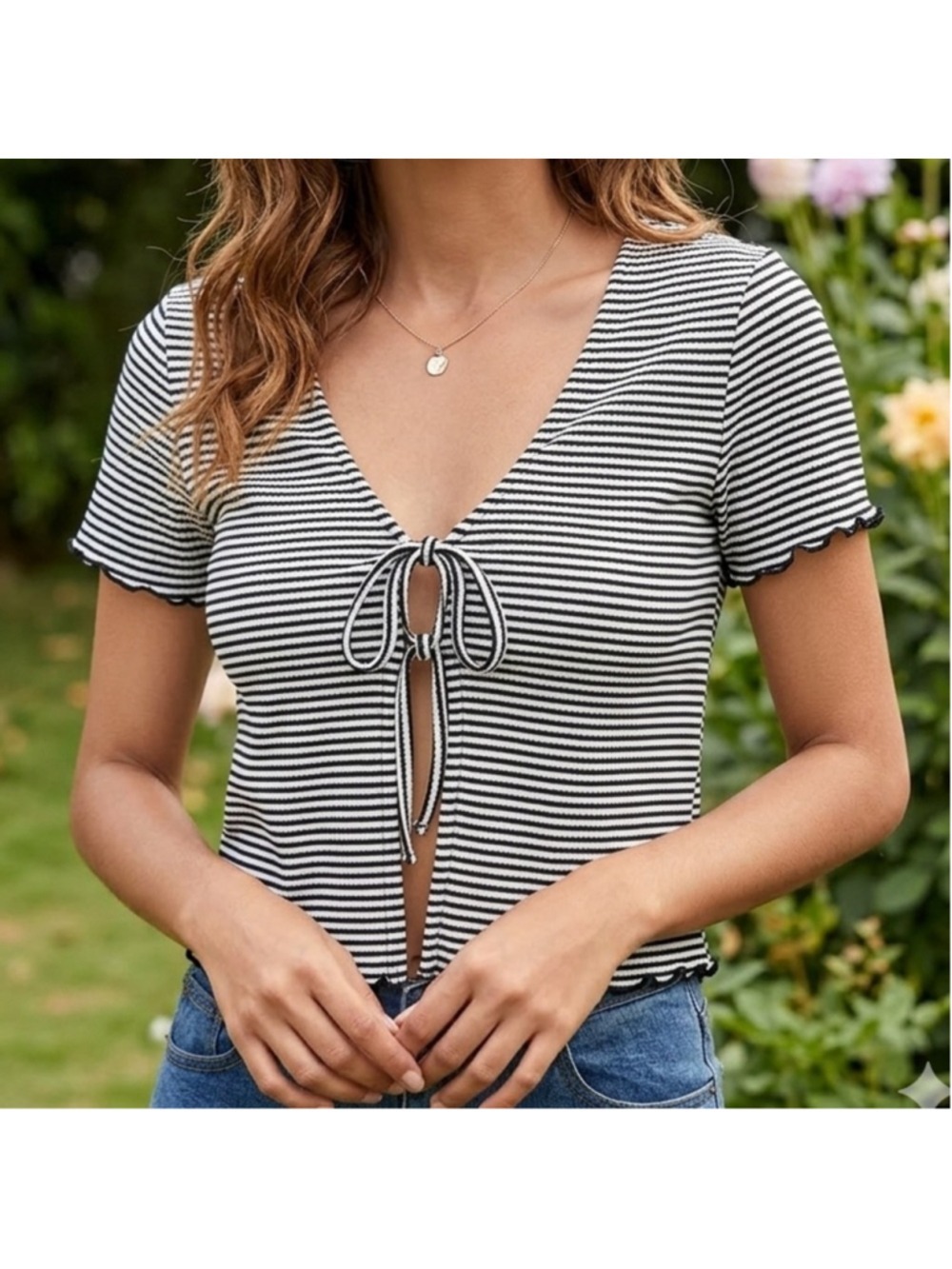 New Look Striped Lettuce Trim Bow Tie Short Sleeve Top Size 6